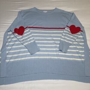 Mersea Sweater Womens OS Blue White Stripe Red Heart Elbow Patch Beach Coastal